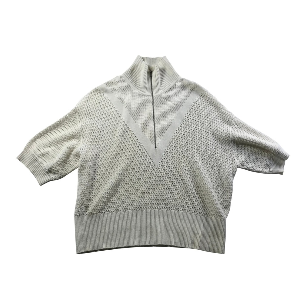 CALIA Womens White Quarter Zip Short Sleeve Open Knit Cotton Sweater Large L